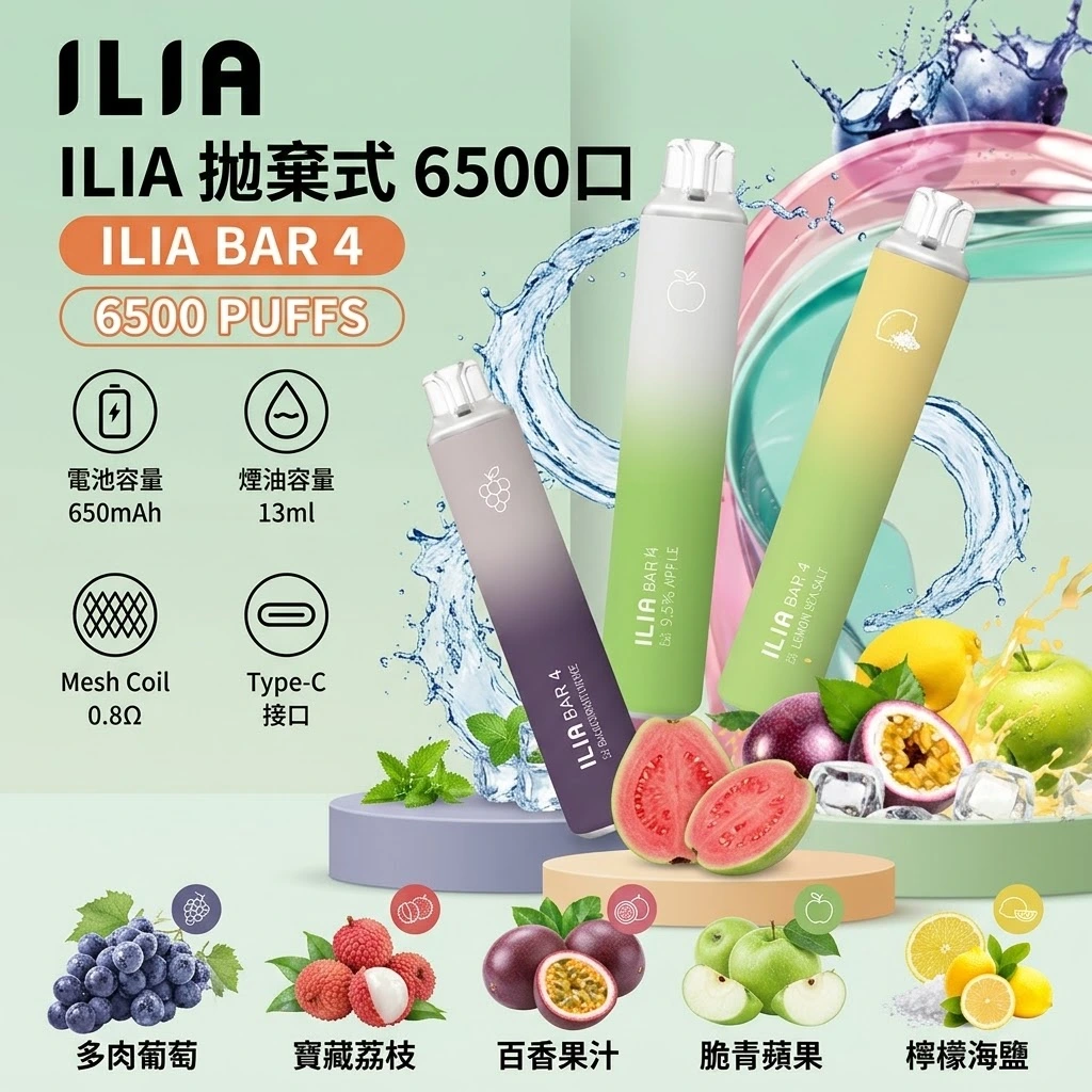ILIA哩亞拋棄式6500-ILIA-Bar-4-6500puffs-ILIA電子煙官網.webp ILIA 哩亞 4代 6500口一次性電子煙 13mL 0.8Ω網狀芯 Type-C快充 24種口味現貨:圖片 1
